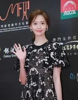 林允儿优雅站立，黑色长裙上的红色刺绣花朵如火般绚烂，她双手自然交叠，姿态端庄如古典画中人