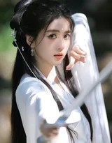 湖畔白裙美人侧身舞剑，剑光如练，衣袂随风扬起，身后是宁静的湖水与远山。